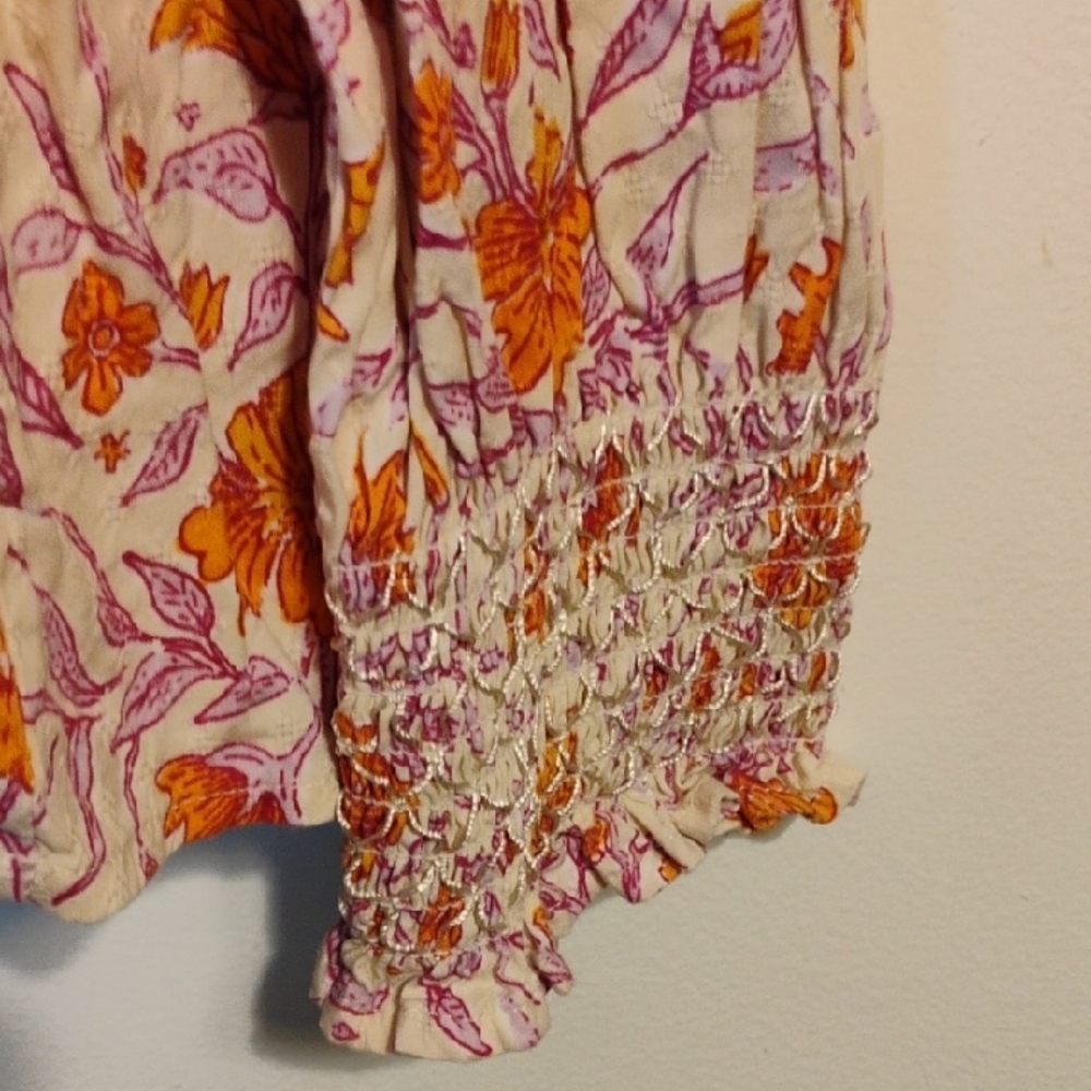 Orange Smocked Long Sleeve Blouse with Peter Pan Collar - Picture 5 of 6